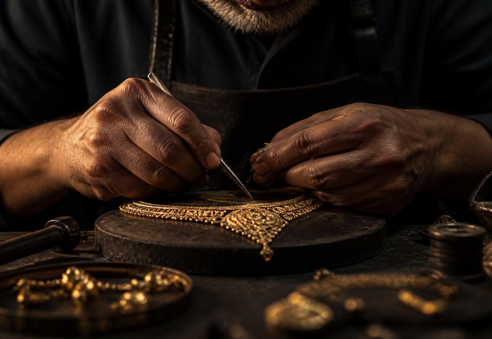 An artisan finishing a gold necklace by hand at the workbench