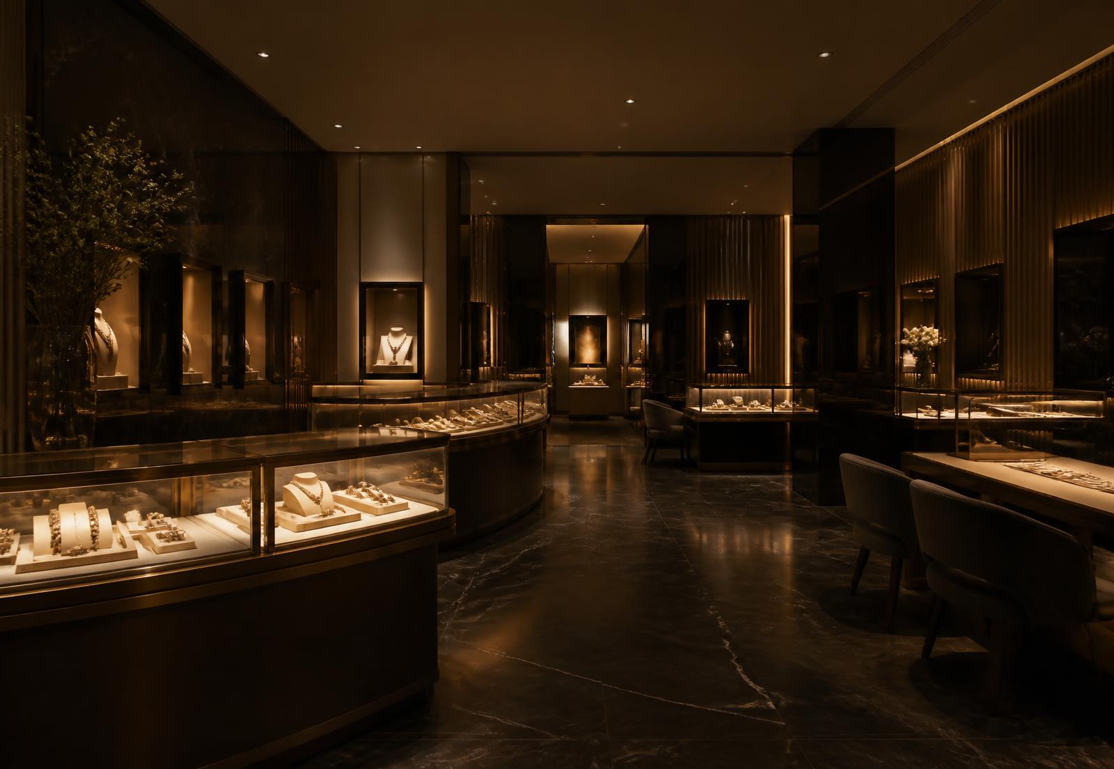 Warmly lit jewellery showroom interior with glass display cases